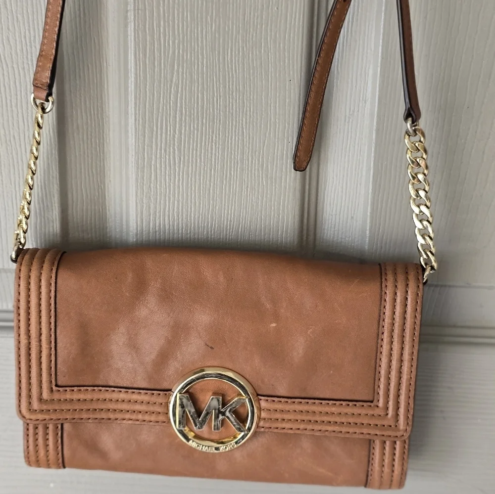 Michael Kors Women Fulton Brown Leather Crossbody Bag Gold Chain Strap Dustbag - Picture 16 of 16